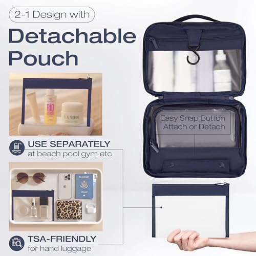 KAZAY Hanging Toiletry Bag with TSA Approved Detachable Pouch, Compact Travel Size Bag, Travel Toiletry Bag, Water Resistant, Premium Nylon, Travel Size Toiletries, Cosmetic Bag, Makeup Bag (Navy) - color: Navy