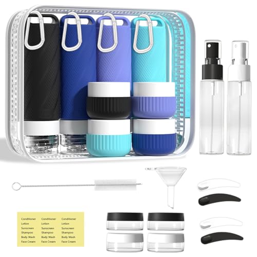 26 Pcs TSA Approved Travel Toiletry Bottles Set, Leakproof Silicone Refillable Travel Containers with Hanging Hole & Carabiner, Portable Essentials, for Shampoo Conditioner Lotion Body Wash - style: F