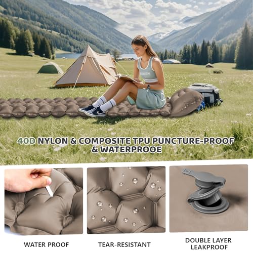 Camping Sleeping Pad-4" Thick, Ultralight 1.9lbs Backpacking Air Mattress with Built-in Pillow & Foot Pump, Compact Inflatable Mat for Hiking Tent Road Trip, One-Second Deflation Khaki - color: Khaki