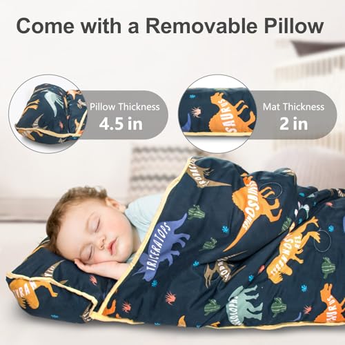 Primlect Thickened Toddler Nap Mat with Removable Pillow and Minky Blanket, Extra Large 55''x35'' Sleeping Bag, Washable, Roll up, Perfect for Daycare, Preschool, Kindergarten, Boys and Girls Dinosaur - color: Dinosaur Upgraded