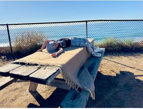 Picnic Blanket Extra Large Waterproof with Strap 59"x79" - Machine Washable Tassels Faux Wool Cashmere for Park, Grass, Camping, Hiking, Concerts (Deep Tan with white shoulder strap, 59"X79") - color: Deep Tan With White Shoulder Strap