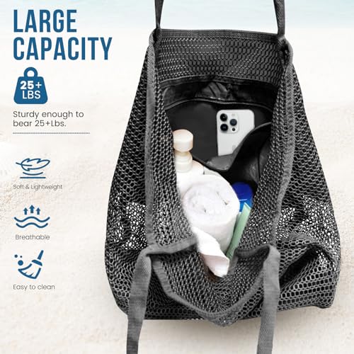 HOHOM Beach Bags for Women, Summer Travel Mesh Tote Bag with Large Inner Pocket, Sandproof Woven Shoulder Handbag - color: Coal Black