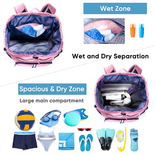 Large Beach Backpack Waterproof Sandproof - Customized Oversized Drawstring Pool Bag with Shoe Compartment for Toiletries, Towels, Gym, Travel - color: Light Pink