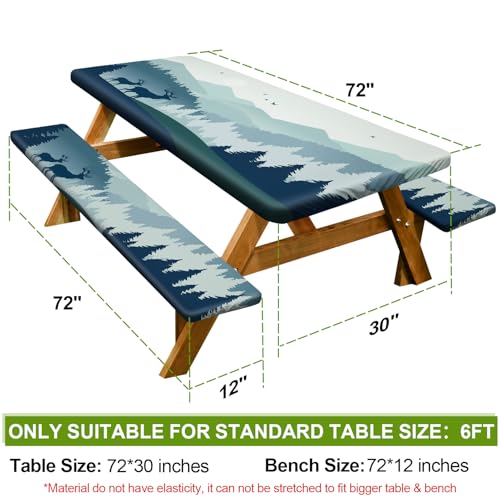 Picnic Table Cover with Bench Covers 6FT 3 Pcs Waterproof Windproof Aesthetic Camping Tablecloth with Drawstring Bag, Fitted for 6 Foot Rectangle Tables and Seats, 72 inch, Blue Deer Forest - color: Blue Deer Forest