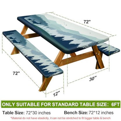 Picnic Table Cover with Bench Covers 6FT 3 Pcs Waterproof Windproof Aesthetic Camping Tablecloth with Drawstring Bag, Fitted for 6 Foot Rectangle Tables and Seats, 72 inch, Blue Deer Forest - color: Blue Deer Forest