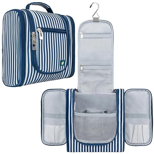 PAVILIA Toiletry Bag Travel Bag for Women Men, Hanging Cosmetic Organizer, Water Resistant Makeup Bag for Accessories Toiletries, Large Travel Essentials Kit (Stripe Navy) - color: Stripe Navy, size: Standard (9x4x9)