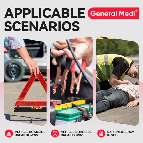 General Medi 127-Pieces Roadside Car Emergency Kit Include Mini First Aid Kit, Jumper Cables,Tow Rope, Bandage, Safety Vest, Emergency Triangle, All in One Pack