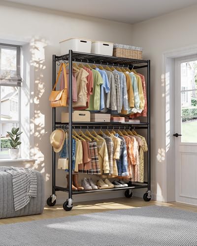 Sakugi Clothes Rack - Double Hanging Rod Clothing Rack with Wheels & Leveling Feet, Large Capacity Wardrobe Closet with Shelves for Bedroom, Laundry Room, Entryway, 45.2" x 12.6" x 80.7", Black - color: Black, size: XX-Large