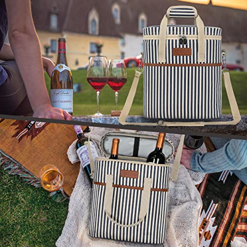 Opux 3-Bottle Wine Carrier Tote, Insulated Leakproof Cooler Bag, Portable Wine Bottle Tote for Picnic, BYOB, Beach - Stripe - color: Navy Stripes