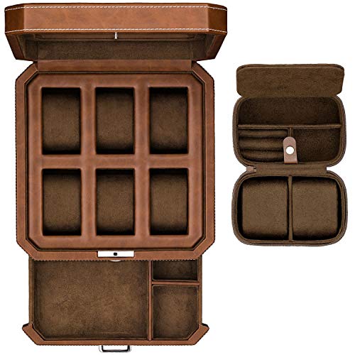 Gift Set 6 Slot Leather Watch Box with Valet Drawer - Luxury Watch Case Display Organizer, Microsuede Liner, Locking Jewelry Box, Mens Storage Boxes Holder Large Glass Top (Tan/Brown Gift Set) - color: 6 Slot - Tan/Brown Gift Set
