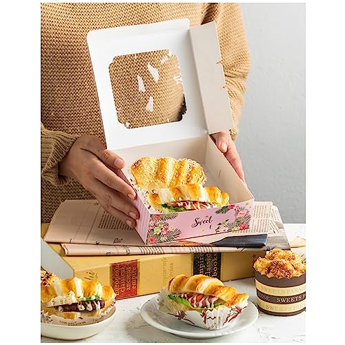 20 Pack Bakery Boxes with Window Small 6x6x2 inch for Cookie, Candy, Pastry, Brownie, Chiffon Cake, Tart, Pie, Waffle (Pink-Flamingo) - color: Pink-Flamingo