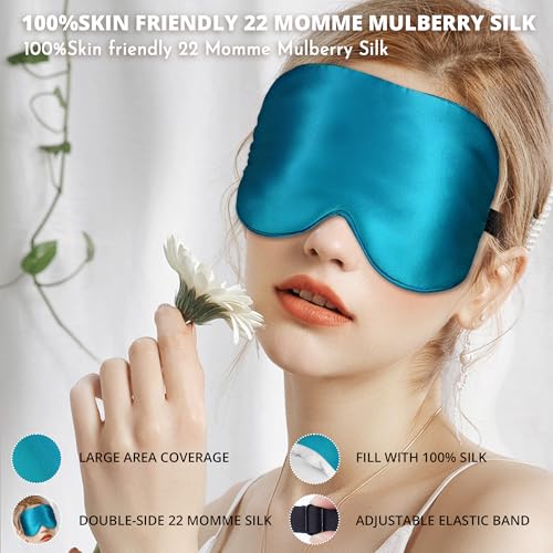 Silk Sleep Mask 100% 22 Momme Mulberry, Sleep Eye Mask for Women Men, Blackout Blindfold with Adjustable Strap, Side Sleeper Eye Cover, Soft Eyeshade Filled with Premium Mulberry Silk (Peacock Blue) - color: 22 Momme-peacock Blue