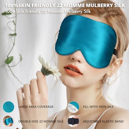 Silk Sleep Mask 100% 22 Momme Mulberry, Sleep Eye Mask for Women Men, Blackout Blindfold with Adjustable Strap, Side Sleeper Eye Cover, Soft Eyeshade Filled with Premium Mulberry Silk (Peacock Blue) - color: 22 Momme-peacock Blue