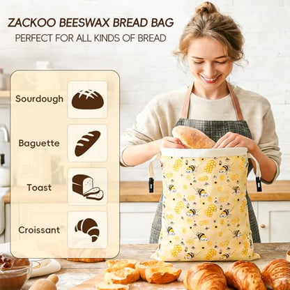 2 Pack Beeswax Bread Bags for Sourdough, Reusable Cotton Linen Bread Storage Bags for Homemade Bread, XL 17'' x 13'', Roll-Up Closure, Freezer Safe - color: Regular Buckle