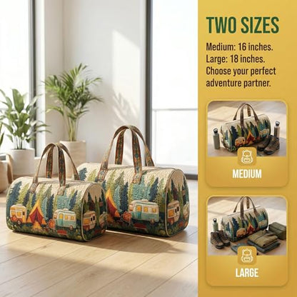 Hippie Van Quilted Duffle Bag Weekender Travel Bag Carry-On Luggage for Overnight Trips Boho Hippie Journey Duffel Bag Gym Yoga Tote (Style 4, Large (18" L x 9" W x 9" H))