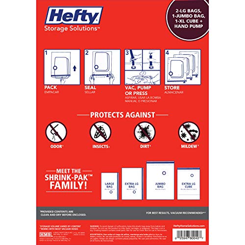 Hefty Shrink-Pak Starter Kit - 2 Large, 1 XL Cube, 1 Jumbo Vacuum Seal Storage Bag and Hand Pump – Space Saver Bags for Clothing, Pillows, Towels, or Blankets, 5 Pc Set - style: Starter Kit