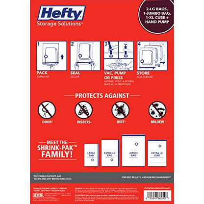 Hefty Shrink-Pak Starter Kit - 2 Large, 1 XL Cube, 1 Jumbo Vacuum Seal Storage Bag and Hand Pump – Space Saver Bags for Clothing, Pillows, Towels, or Blankets, 5 Pc Set - style: Starter Kit