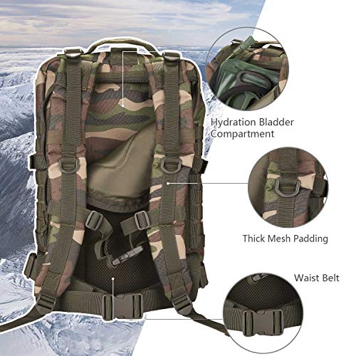 Hannibal Tactical MOLLE Assault Backpack, Tactical Backpack Military Army Camping Rucksack, 3-Day Pack Trip w/Patch, D-Rings, Woodland - color: Woodland