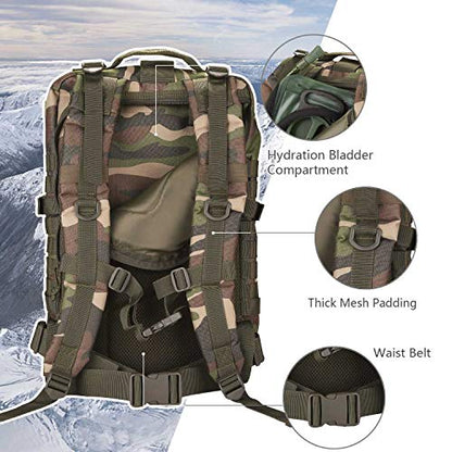 Hannibal Tactical MOLLE Assault Backpack, Tactical Backpack Military Army Camping Rucksack, 3-Day Pack Trip w/Patch, D-Rings, Woodland - color: Woodland