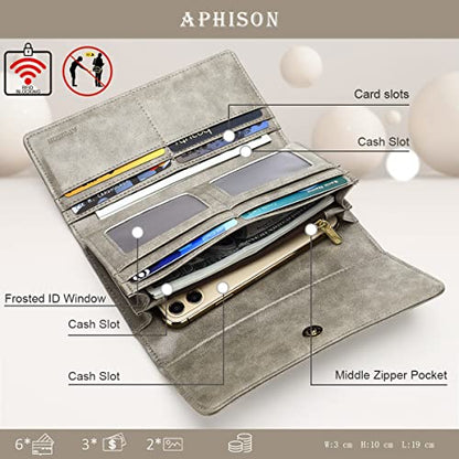 APHISON Womens Wallets RFID Blocking Leather Clutch Long Wallet for Women Card Holder Phone Organizer Ladies Travel Purse Hollow Out Sunflower Design Gift - color: Gray