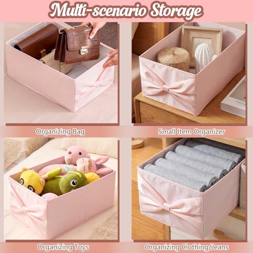 Gerrii 2 Pack Light Pink Bow Storage Bins for Closet 18.5" x 11.02" x 7.87" Large Stylish Fabric Organizers with Bow Handles Grid Dorm Organizer Open Compartments for Underwear Socks Accessories