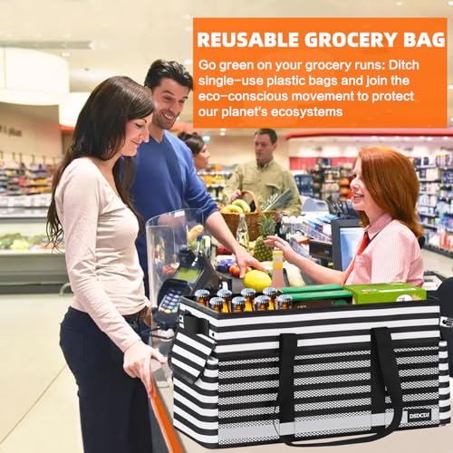 Extra Large Utility Tote Bag with Reflective Strip, Standing Reusable Grocery Bags with Hard Bottom, Collapsible Utility Tote with Handles for Shopping, Beach, Picnics, Car, Striped Black - color: Striped Black