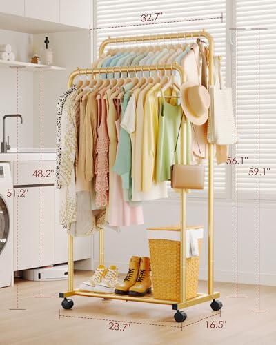Sakugi Clothes Rack - Double Rods Clothing Rack with Mesh Shelf, Hooks & Wheels, Metal Clothing Racks for Hanging Clothes & Bags, Multifunctional Garment Rack for Laundry, Gold, 28.7" x 16.5" x 59.1" - color: Gold, size: Large 28.7"W x 16.5"D x 59.1"H
