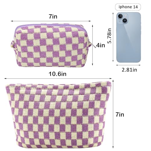 ZLFSRQ 2Pcs Checkered Makeup Bag for Women Large Small Checkered Cosmetic Bag Set Aesthetic Preppy Pencil Case Cute Pencil Pouch Purple Makeup Pouch for Purse Travel Toiletry Bags Zipper Skincare Bags - color: B-Checkered 2Pcs Mix Purple