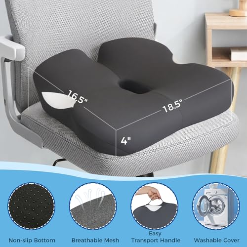 18.5" x 16.5" Extra Large Memory Foam Cushion, Tailbone Pain Relief Cushion for Long Sitting Soft Hip Support, Breathable X Large Donut Pillow Desk Chair Cushion