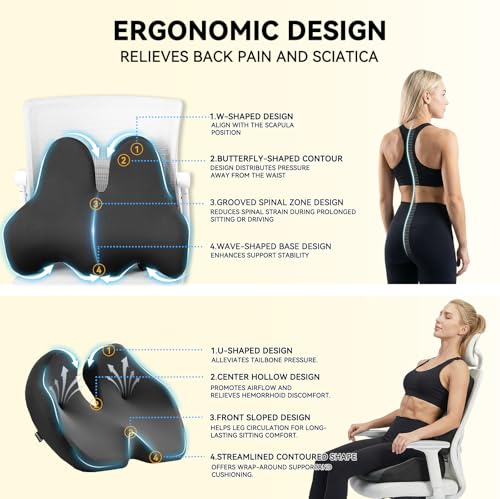 Seat Cushion Lumbar Support Pillow Set for Tailbone & Sciatica Pain Relief, Chair Cushions Back Support with Ergonomic Design Memory Foam XLarge Coccyx Pad for Car, Office, Desk, Wheelchair