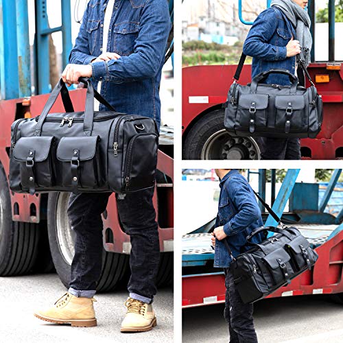 Zeroway Travel Duffel Bag with Shoe Pouch, PU leather Carry on Bag Weekender Overnight Bag for Men Women Black - color: Black
