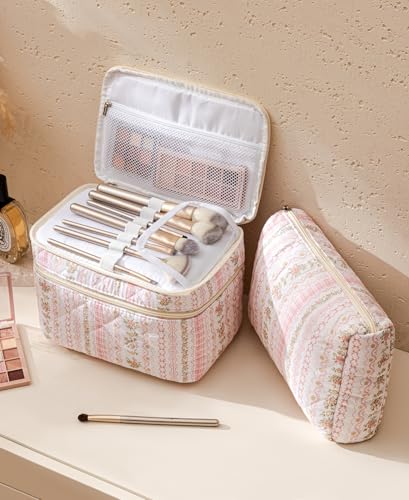 HBselect 2Pcs Travel Makeup Bag, Large Cotton Quilted Makeup Bag Cosmetic Bag Cute Make up Bag Toiletry Bags for Women Girls - color: 2PCS-Quilted Makeup Bag 3