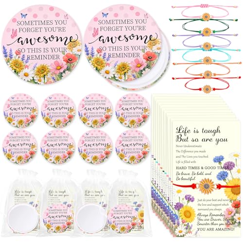 24 Sets Mothers Day Bulk Gifts - Inspirational Compact Mirror with Sunflower Bracelet Cards Mini Pocket Mirror for Appreciation Volunteer Admin Employee Teacher Nurse