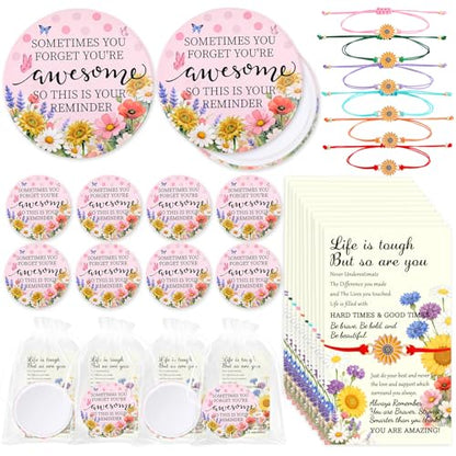 24 Sets Mothers Day Bulk Gifts - Inspirational Compact Mirror with Sunflower Bracelet Cards Mini Pocket Mirror for Appreciation Volunteer Admin Employee Teacher Nurse