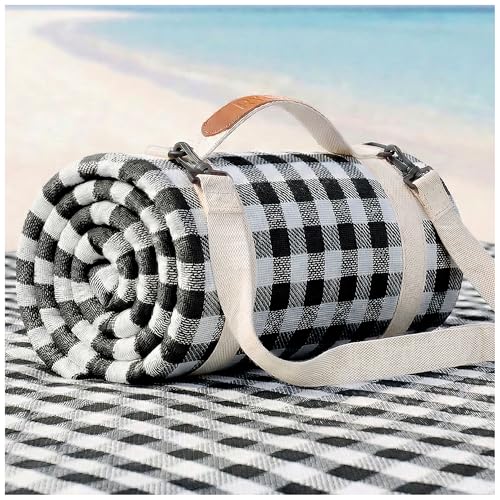 Waterproof Beach Blanket Picnic Camping Mat Rug Extra Large Portable Umbrella Wagon Folding Pop Tent Sun Shelter Shade Canopy Ball Cart Anchor Fan Mesh Rubber Bag Tote Toallas Manta de Playa - color: Plaid Black
