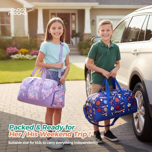 Choco Mocha Kids Duffle Bag, Girls Galaxy Overnight Travel Bags for Kid with Shoes Compartment, Large Weekender Bag for Sleepover, Purple - color: Galaxy-Purple