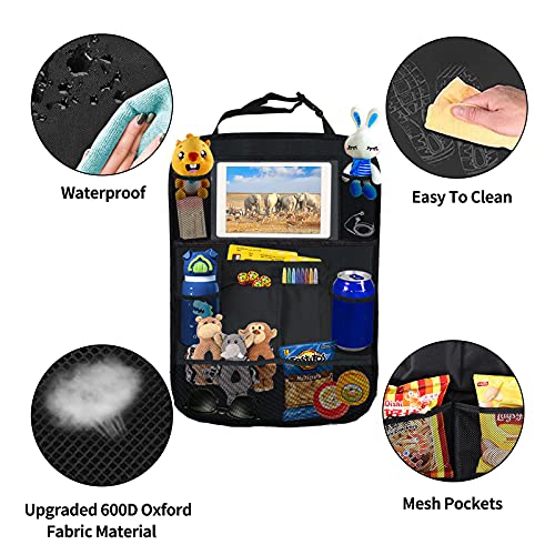 Ecurfu Backseat Car Organizer with 10 Compartments, 10 Inch Tablet Holder, Waterproof Storage Bag for Kids Cars - 600D Oxford Fabric, Black (1PC)