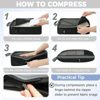 BAGAIL 4 Set/6 Set/8 Set Compression Packing Cubes Travel Accessories Expandable Packing Organizers (Half Mesh, 8-Jet Black) - color: 8-Jet Black, style: Half Mesh