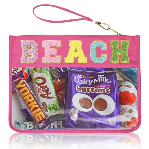 Beach Bag,Sunscreen Bag, Chenille Letter Clear Zipper Pouch for Travel Preppy Patch Makeup Bag-Nylon Cosmetic Preppy Makeup Waterproof Organizer Bags Set for Women Valentines Bags (MH-BEACH) - color: MH-BEACH