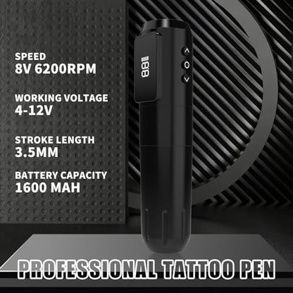 Tattoo Kit, Wireless Tattoo Gun Kit with LED Display 1600mAh Battery Rotary Tattoo Machine Kit for Beginners Complete Set with 10PCS Cartridge Needles, Ink Set, Transfer Gel and Transfer Papers