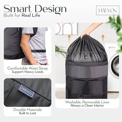 Haevon Laundry Backpack - 131L Heavy Duty Laundry Bag with Padded Shoulder & Waist Straps, Removable Liner - College, Dorm, Apartment, Travel, Outdoor - Big Laundry Bag for Easy Carrying (Black) - color: All Black