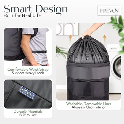 Haevon Laundry Backpack - 131L Heavy Duty Laundry Bag with Padded Shoulder & Waist Straps, Removable Liner - College, Dorm, Apartment, Travel, Outdoor - Big Laundry Bag for Easy Carrying (Black) - color: All Black