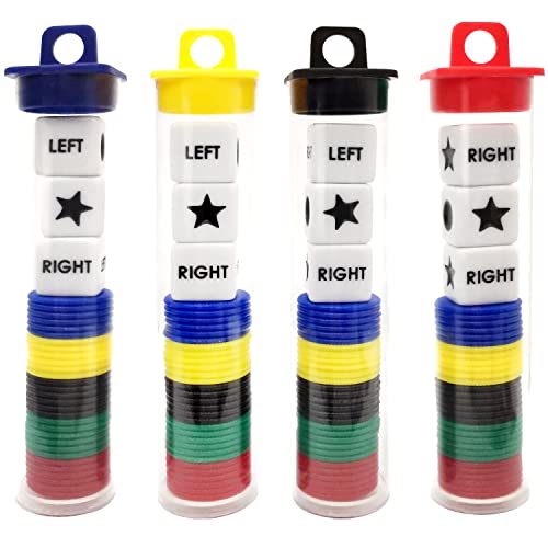 Ahoper Right Left Center Dice Game Prime Set Bundle with 3 Dices + 30 Chips - 4 Sets Assorted Colors. Round Tube Storage is Very Convenient for Travel. Easy to Store, Carry Around. (4 Pack) - size: 1 x 4 x 5.11 inches