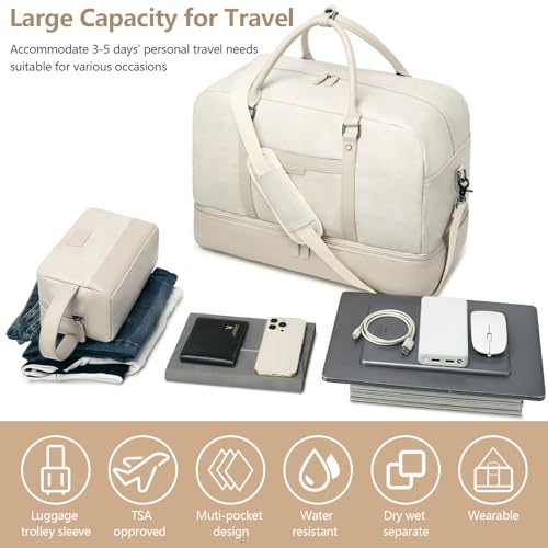 Wogarl Weekender Bag for Women Men Large Overnight Bag Travel Duffel Bag with Shoe Compartment Toiletry Satchel Bag Carry On Bag Fit 21" Laptop - color: White