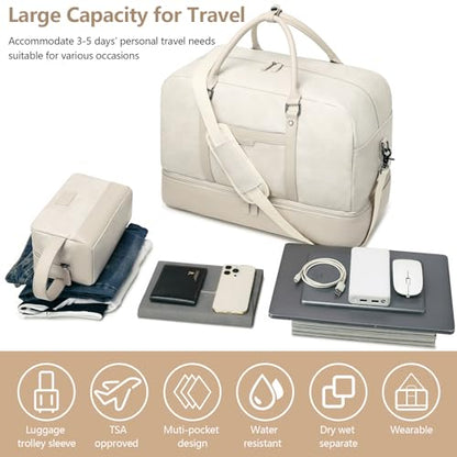 Wogarl Weekender Bag for Women Men Large Overnight Bag Travel Duffel Bag with Shoe Compartment Toiletry Satchel Bag Carry On Bag Fit 21" Laptop - color: White