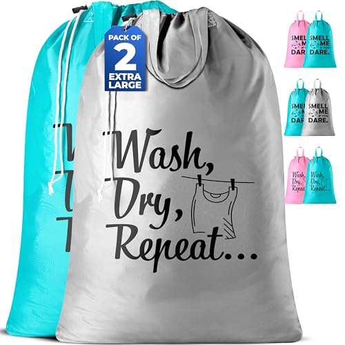 Extra Large Travel Laundry Bag - 2-Pack Fun Print Design Bags for Dirty Clothes - Durable Water-Resistant Fabric - Sturdy Drawstring Closure (Teal-Grey | Wash Dry Repeat) - color: Teal-grey | Wash Dry Repeat