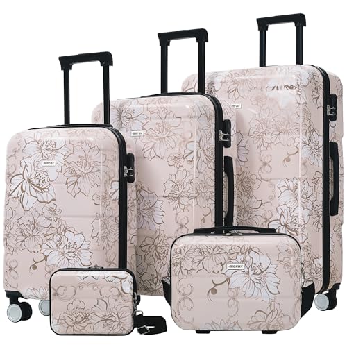 Merax Luggage Set,5 Piece Luggage with Handbag and Cosmetic Case,Harside Printing Suitcase with Wheels,Carry on Luggage Airline Approved(Pink Flower,8/14/20/24/28) - color: Pink Flower, style: 8/14/20/24/28