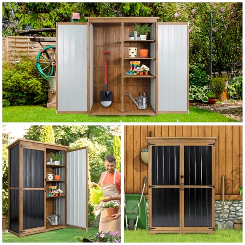 Outdoor Storage Cabinet Waterproof with Shelves, Outdoor Storage Shed Garage Cabinet Weatherproof, Wood & Metal Outside Patio Backyard Garden Pool Storage Tool Organizer - size: 46"L x 18"W x 68"H