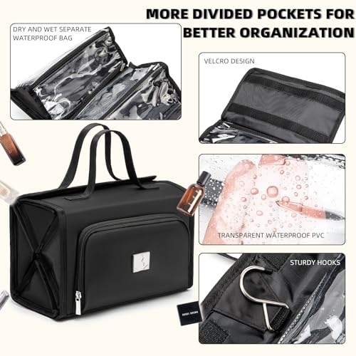 ROYALFAIR Roll Up Makeup Bag, Waterproof Toiletry Bag for Women, Hanging Travel Organizer bags with Jewelry Organizer Compartment, Extra Large 4 Clear TSA Approved Pouches Cosmetic Makeup (black) - color: black