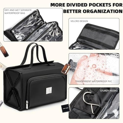 ROYALFAIR Roll Up Makeup Bag, Waterproof Toiletry Bag for Women, Hanging Travel Organizer bags with Jewelry Organizer Compartment, Extra Large 4 Clear TSA Approved Pouches Cosmetic Makeup (black) - color: black